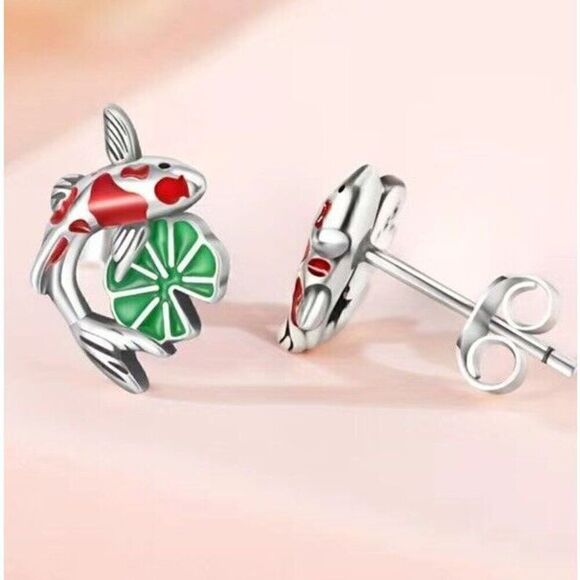 925 Sterling Silver Enamel Lucky Fish Lotus Earrings - Picture 4 of 4